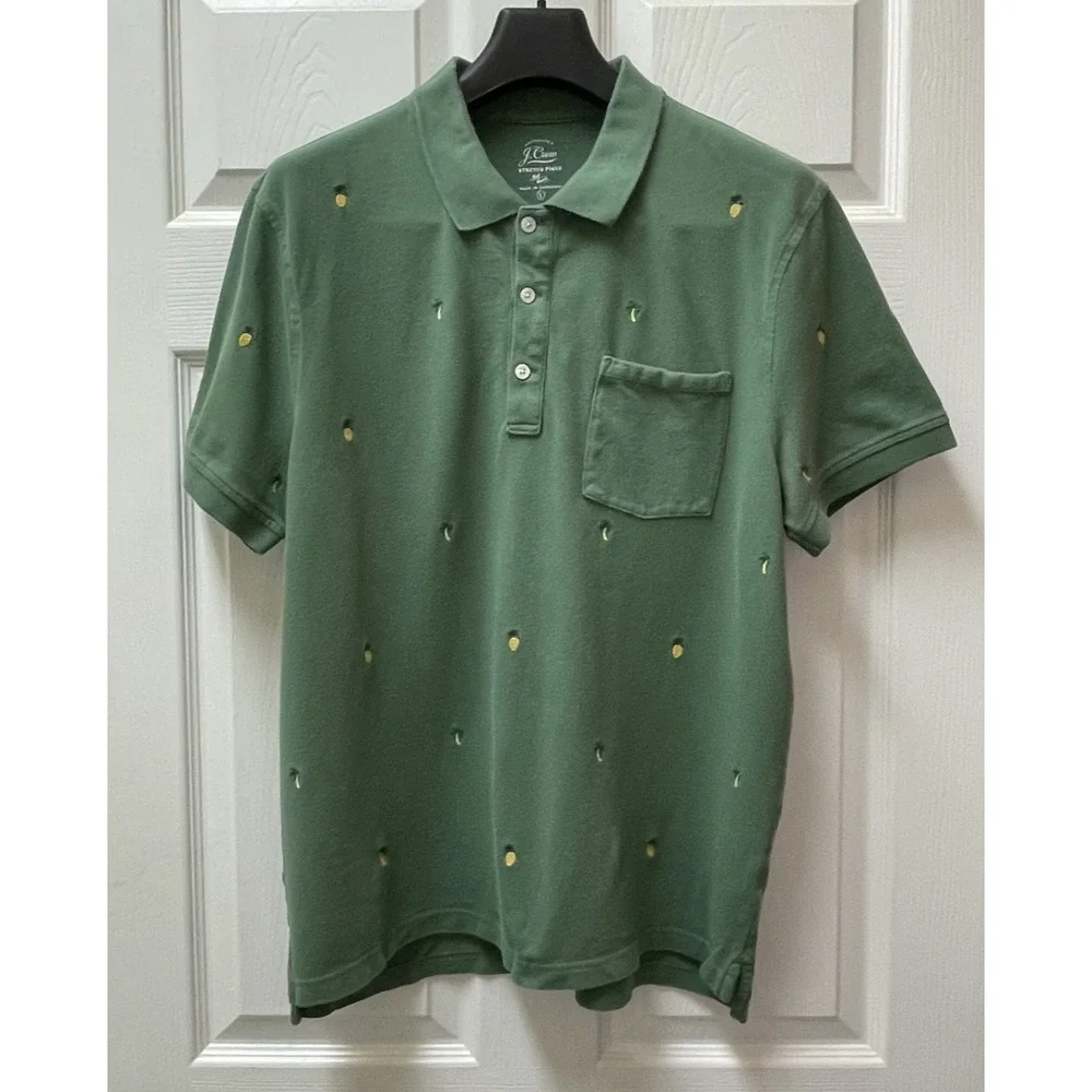 J Crew Men's Large Stretch Pique Embroidered Green Polo Tropical‎ Preppy Pocket